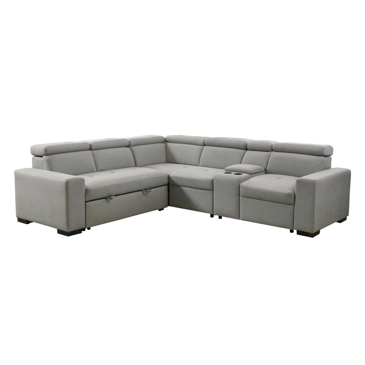 Farrah Exposed Feet With Black Faux Wood 3-Piece Sectional Adjustable Headrests, Pull-Out Bed And Console