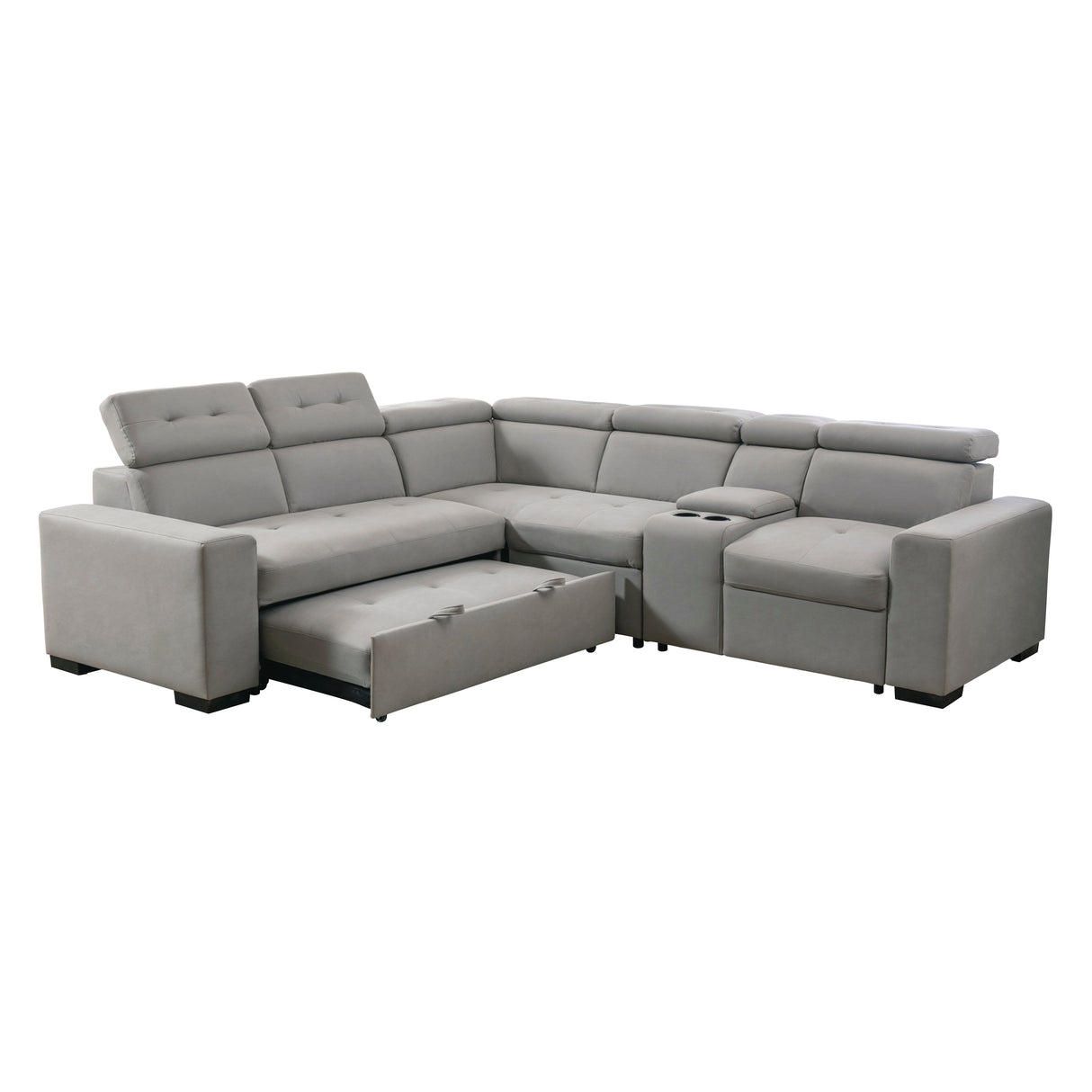 Farrah Exposed Feet With Black Faux Wood 3-Piece Sectional Adjustable Headrests, Pull-Out Bed And Console