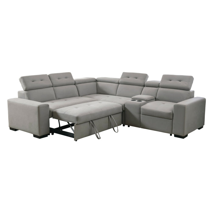Farrah Exposed Feet With Black Faux Wood 3-Piece Sectional Adjustable Headrests, Pull-Out Bed And Console