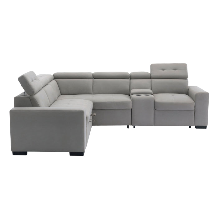 Farrah Exposed Feet With Black Faux Wood 3-Piece Sectional Adjustable Headrests, Pull-Out Bed And Console