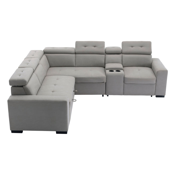 Farrah Exposed Feet With Black Faux Wood 3-Piece Sectional Adjustable Headrests, Pull-Out Bed And Console