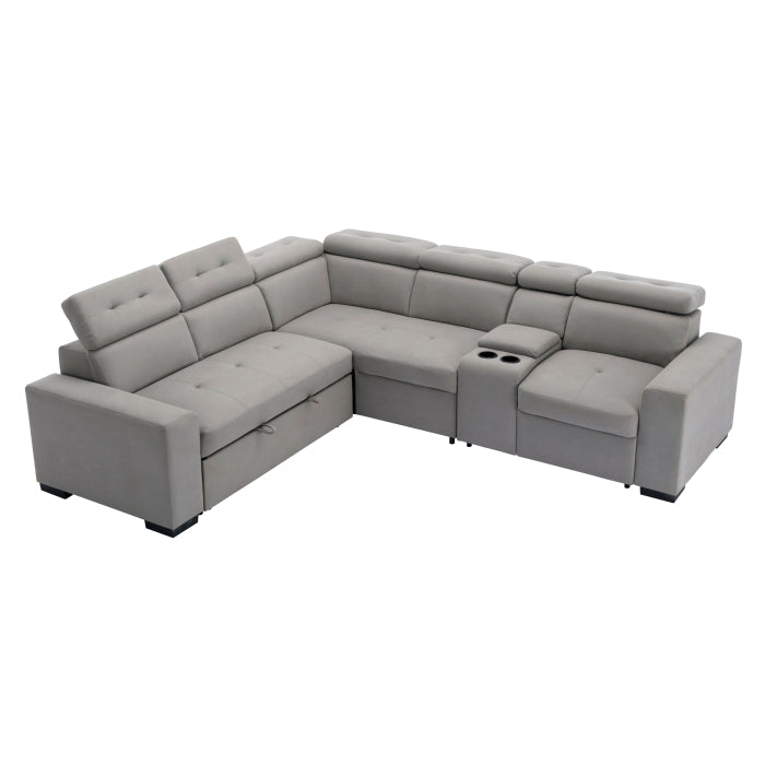 Farrah Exposed Feet With Black Faux Wood 3-Piece Sectional Adjustable Headrests, Pull-Out Bed And Console