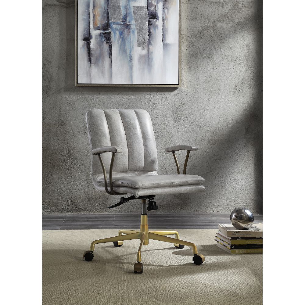 Damir Vintage White Top Grain Leather & Chrome Finish Office Chair