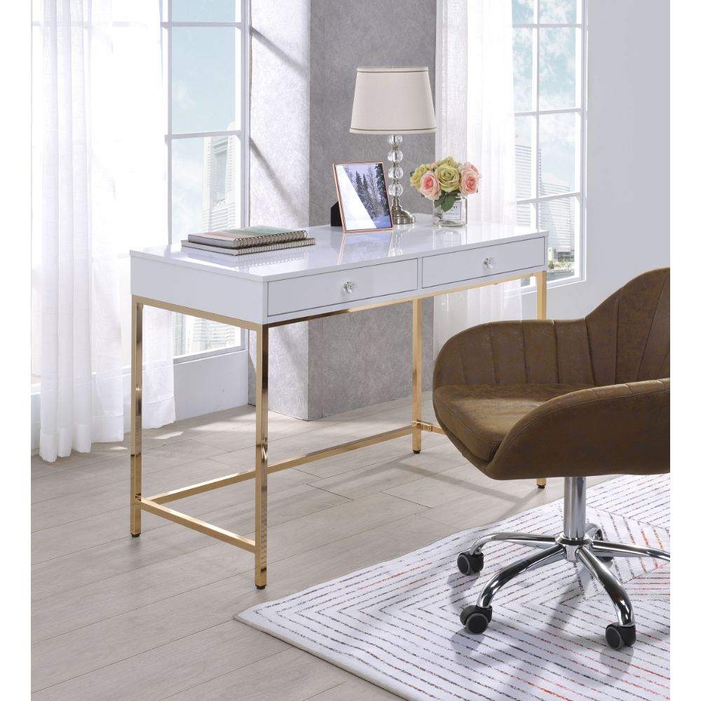 Ottey White High Gloss & Gold Finish Desk