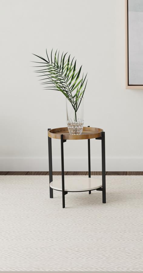 Adhvik Round Accent Table With Marble Shelf Natural And Black