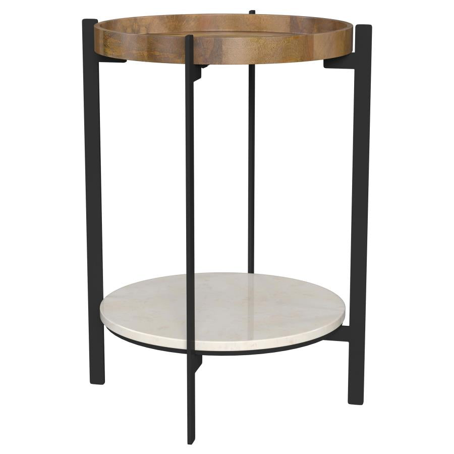 Adhvik Round Accent Table With Marble Shelf Natural And Black