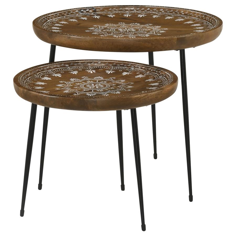 Nuala 2-Piece Round Nesting Table With Tripod Tapered Legs Honey And Black