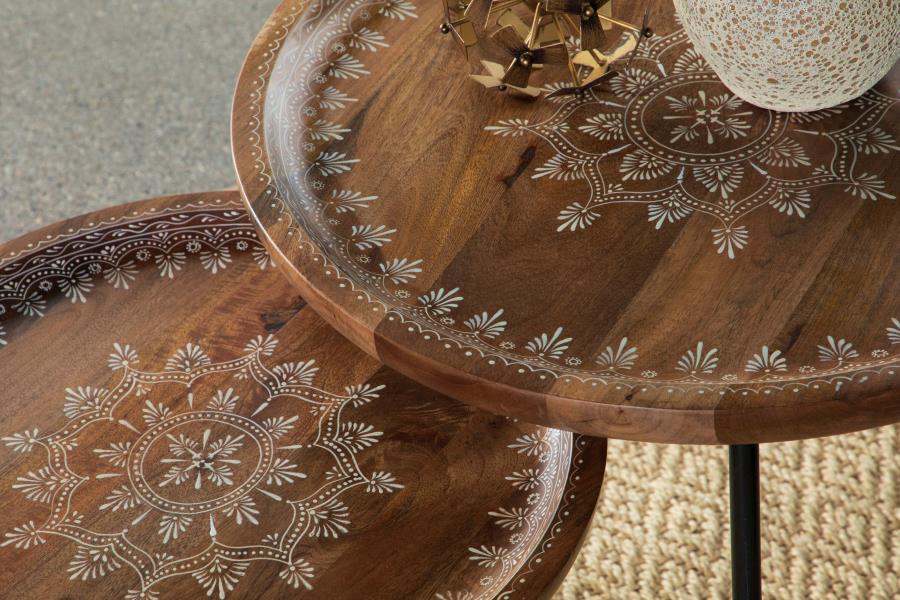 Nuala 2-Piece Round Nesting Table With Tripod Tapered Legs Honey And Black