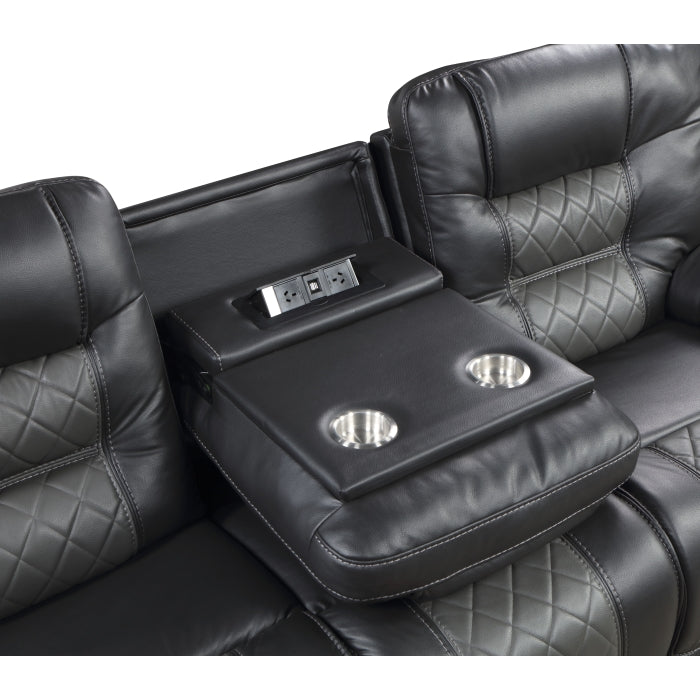 Fabian Grey Double Reclining Sofa With Center Drop-Down Cup Holders, Receptacles And Usb Ports