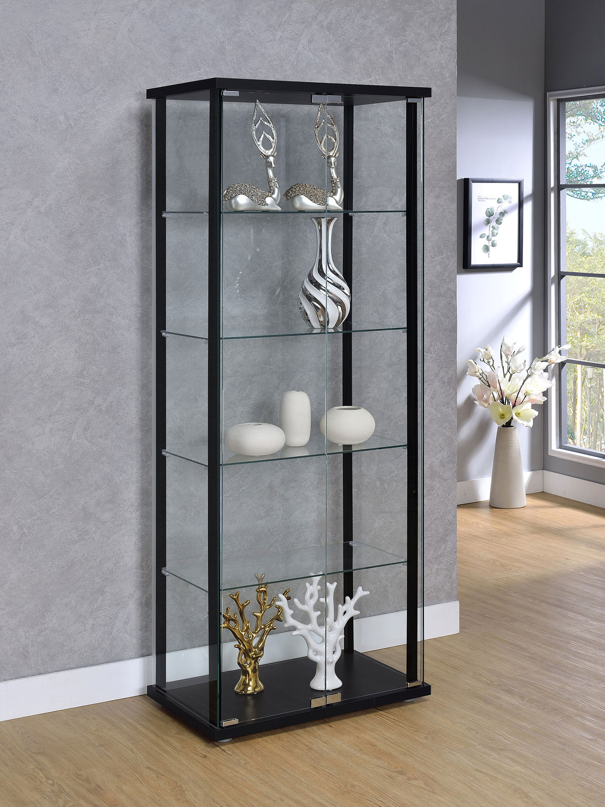Delphinium 5-Shelf Glass Curio Cabinet Black And Clear