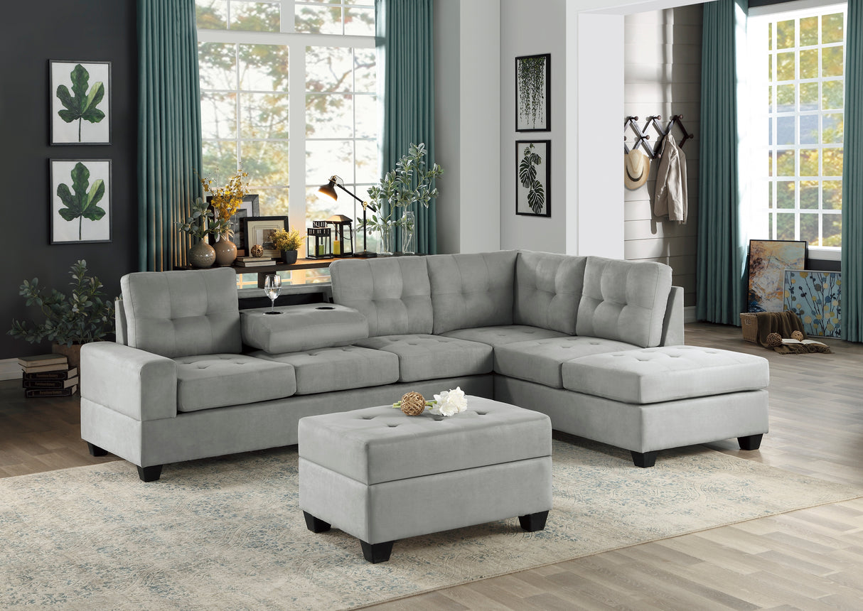 Maston Exposed Feet With Faux Wood 2-Piece Reversible Sectional Drop-Down Cup Holders