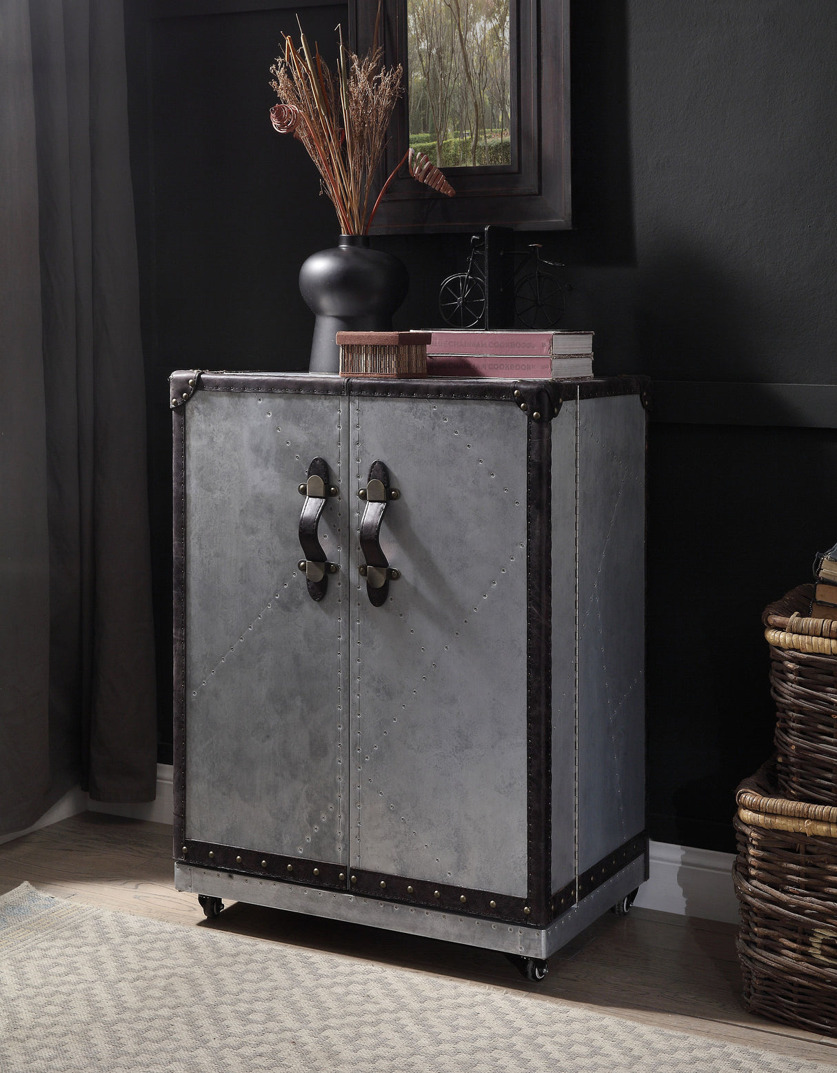 Brancaster Antique Ebony Top Grain Leather & Aluminum Wine Cabinet