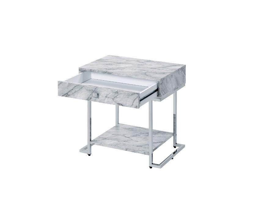 Wither White Printed Faux Marble & Chrome Finish Accent Table