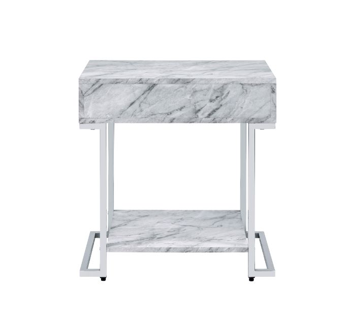 Wither White Printed Faux Marble & Chrome Finish Accent Table