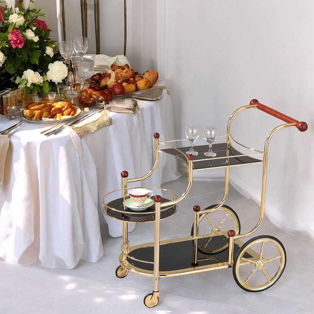 Lacy Black Glass & Gold Plated Finish Serving Cart