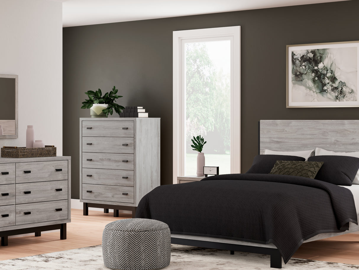 Vessalli Gray Queen Panel Bed, Dresser, Mirror And Nightstand