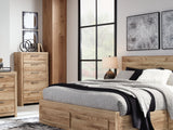 Hyanna Tan Brown King Panel Storage Bed With 2 Side Storage, Dresser And Mirror
