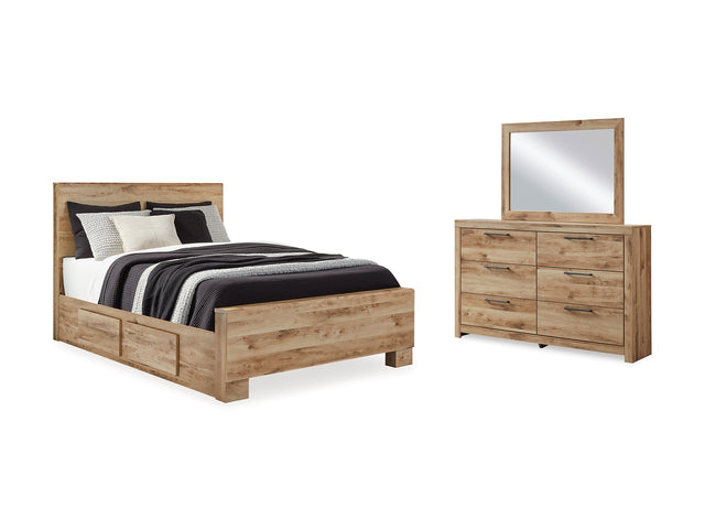 Hyanna Tan Brown Queen Panel Bed With 2 Side Storage, Dresser And Mirror