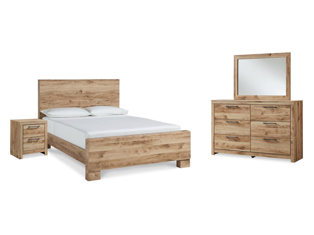 Hyanna Tan Brown Queen Panel Bed, Dresser, Mirror, And Nightstand