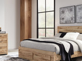 Hyanna Tan Brown King Panel Storage Bed, Dresser And Mirror