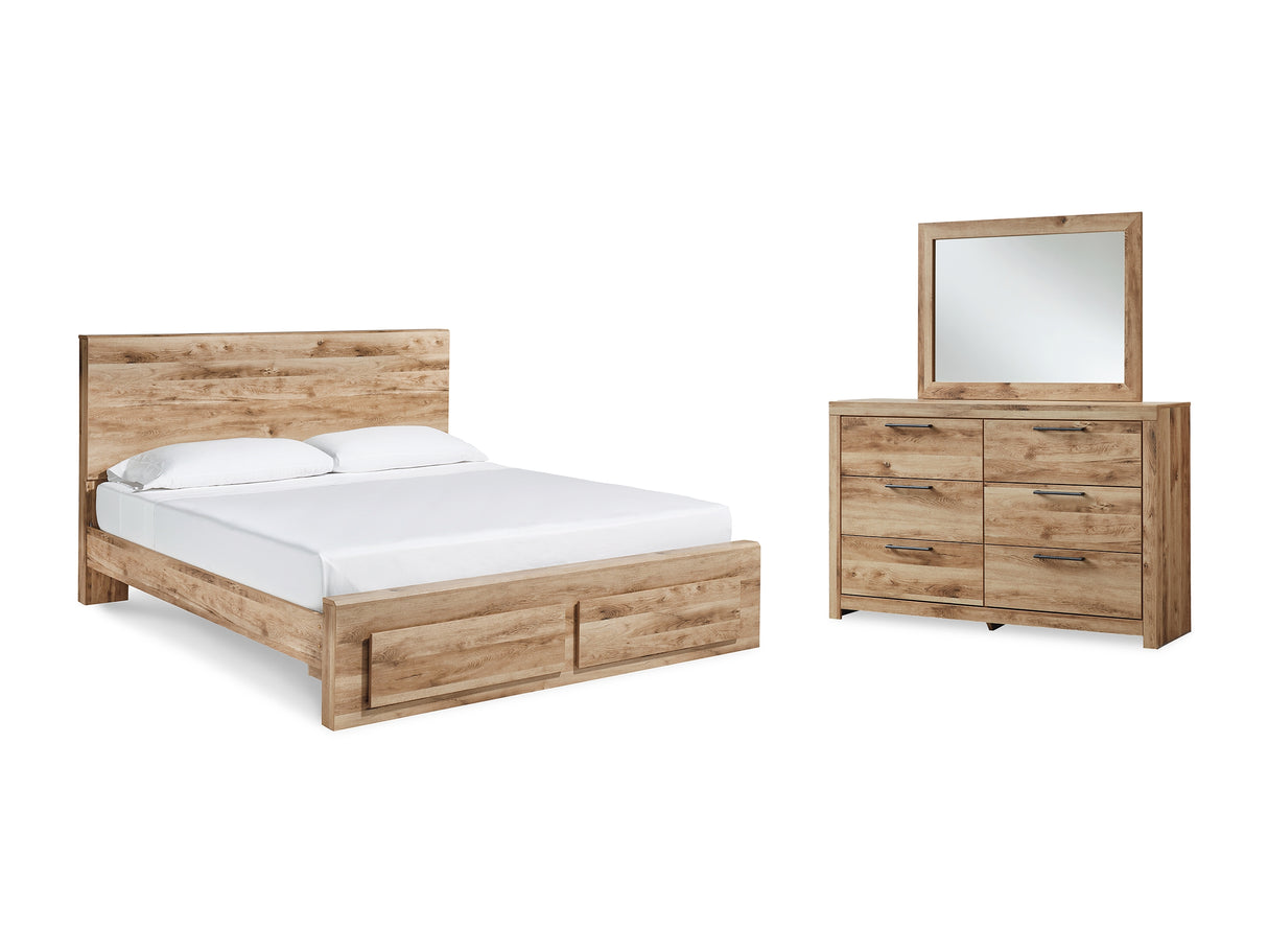 Hyanna Tan Brown King Panel Storage Bed, Dresser And Mirror