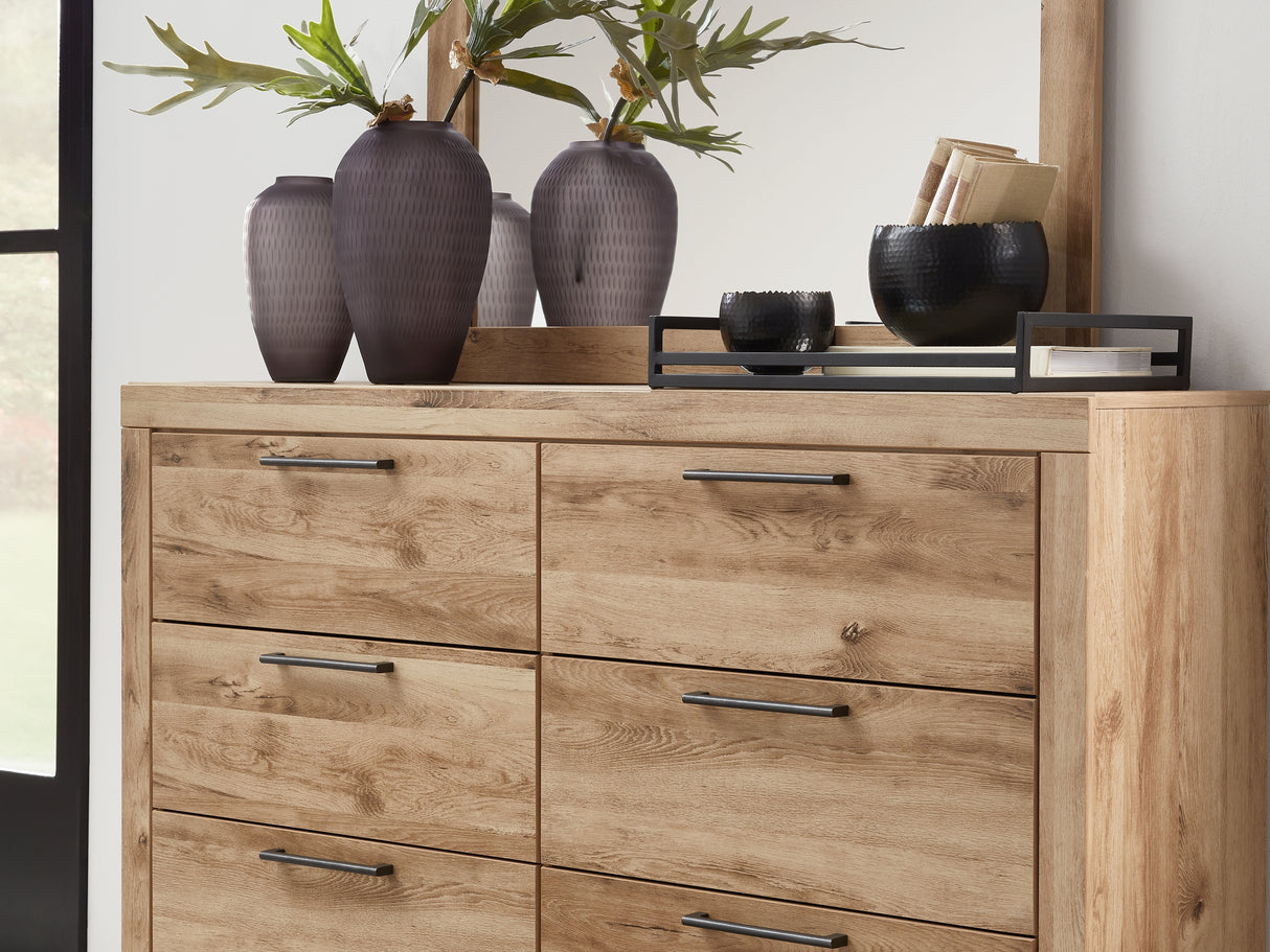 Hyanna Tan Brown Queen Panel Bed, Dresser, Mirror, And Nightstand