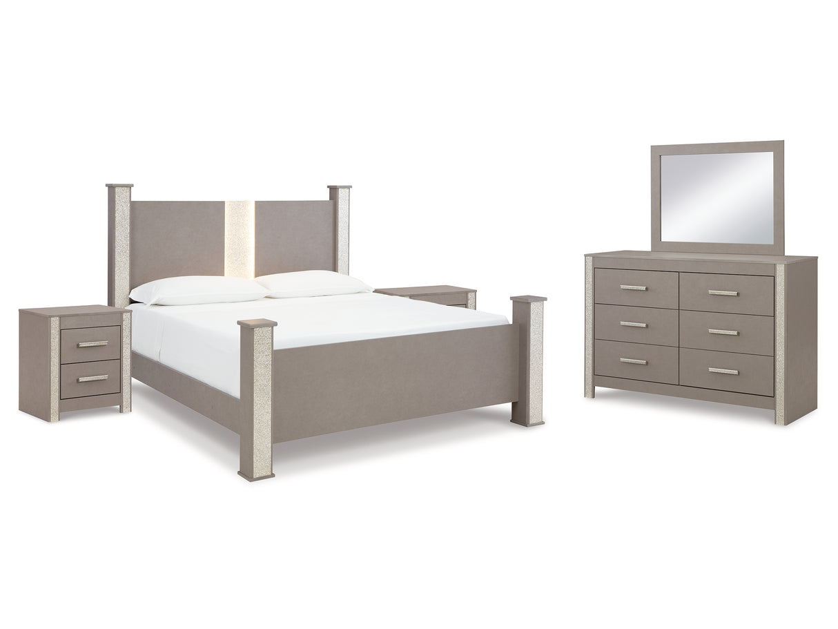 Surancha Gray Queen Poster Bed, Dresser, Mirror And 2 Nightstands