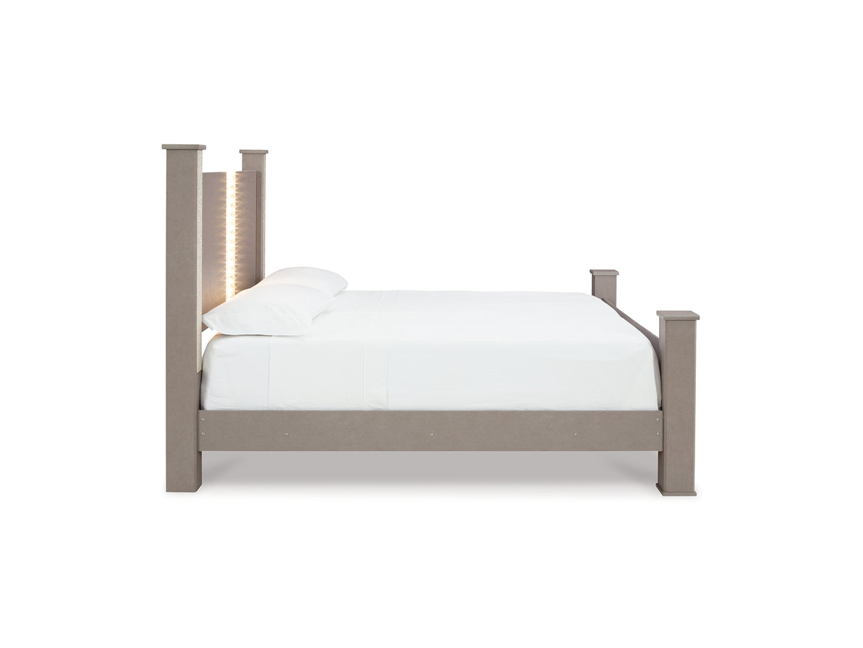 Surancha Gray King Poster Bed, Dresser, Mirror And Nightstand