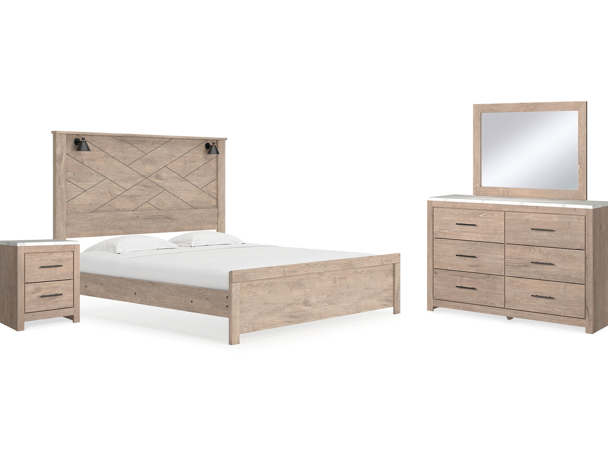 Senniberg Light Brown/White King Panel Bed, Dresser, Mirror, And Nightstand