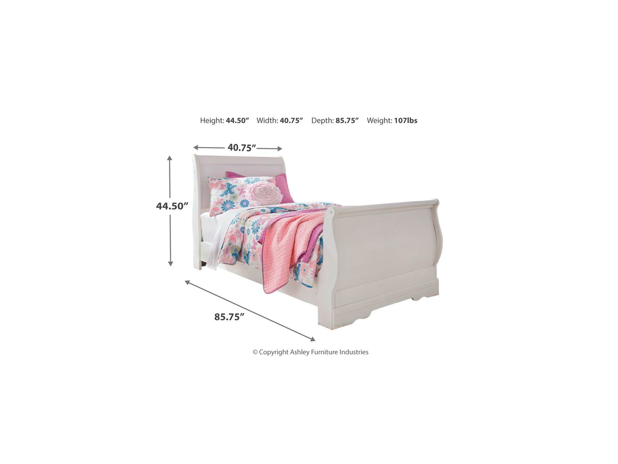 Anarasia White Twin Sleigh Bed, Dresser And Mirror