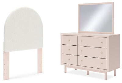 Wistenpine Blush Twin Upholstered Panel Headboard, Dresser And Mirror