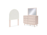 Wistenpine Blush Twin Upholstered Panel Headboard, Dresser And Mirror