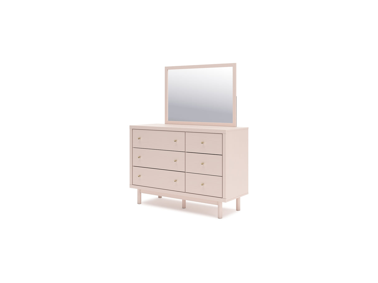 Wistenpine Blush Full Upholstered Panel Headboard, Dresser And Mirror
