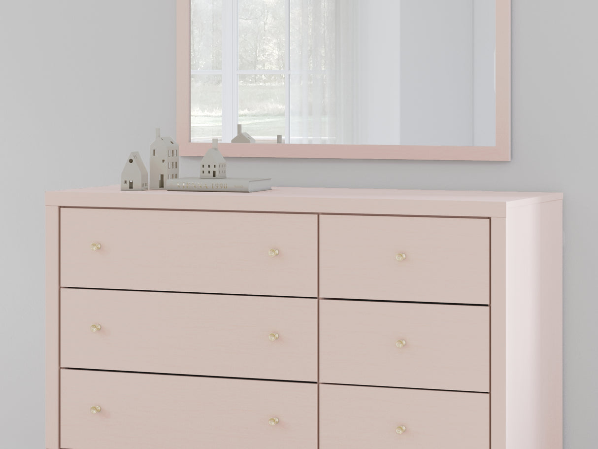 Wistenpine Blush Twin Upholstered Panel Headboard, Dresser And Mirror