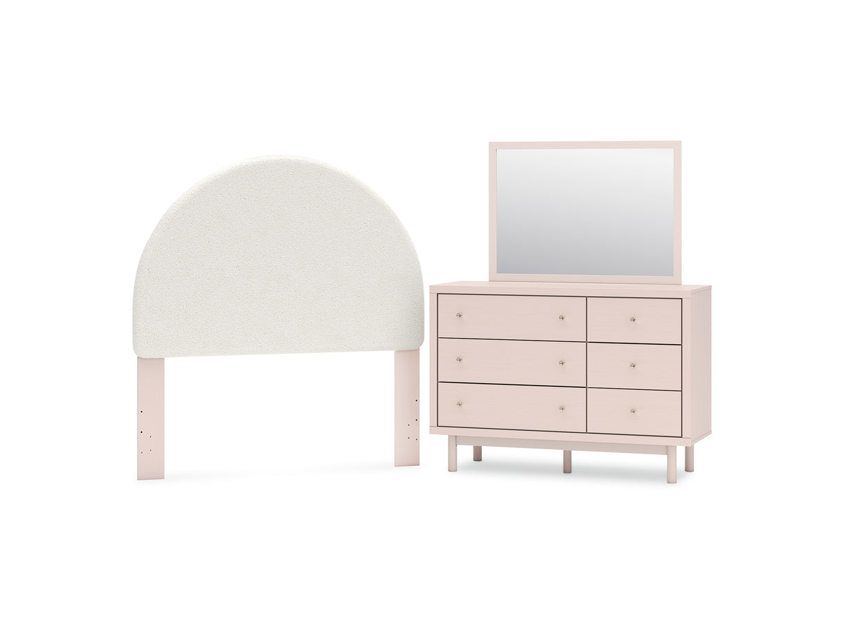 Wistenpine Blush Full Upholstered Panel Headboard, Dresser And Mirror