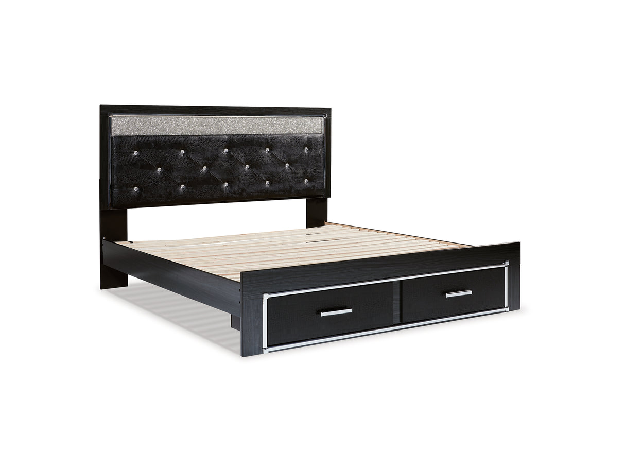 Kaydell Black King Panel Storage Bed, Dresser, Mirror And Nightstand