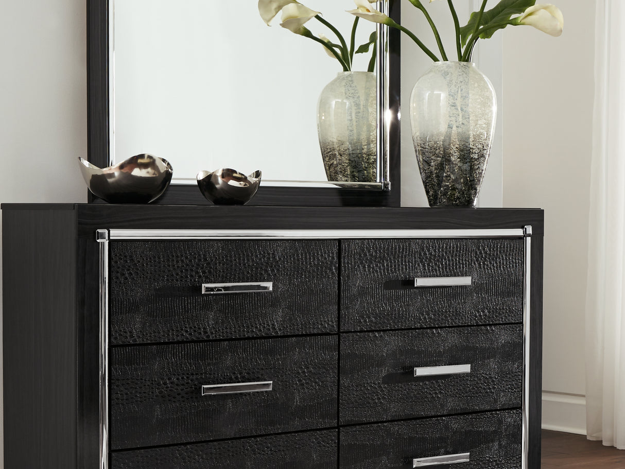Kaydell Black Queen Upholstered Panel Bed, Dresser, Mirror And Chest