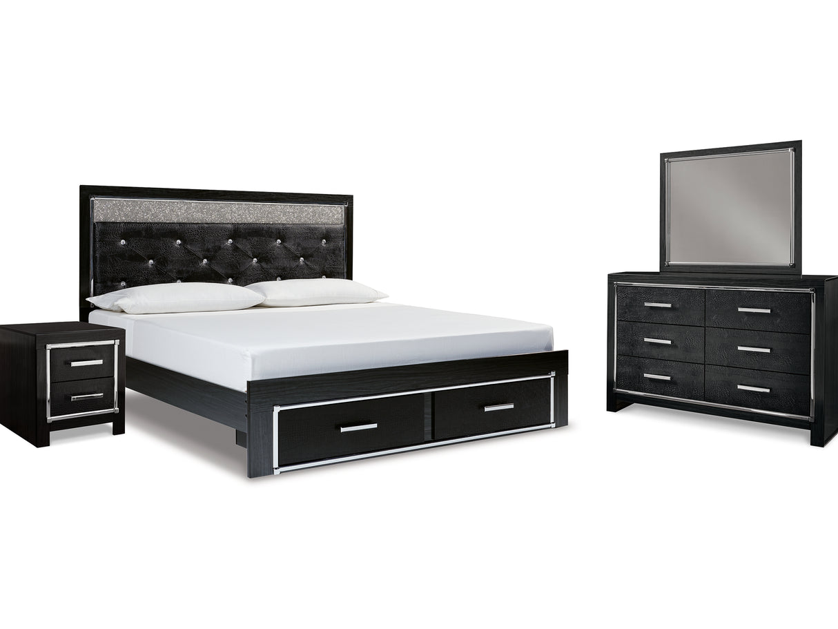 Kaydell Black King Panel Storage Bed, Dresser, Mirror And Nightstand