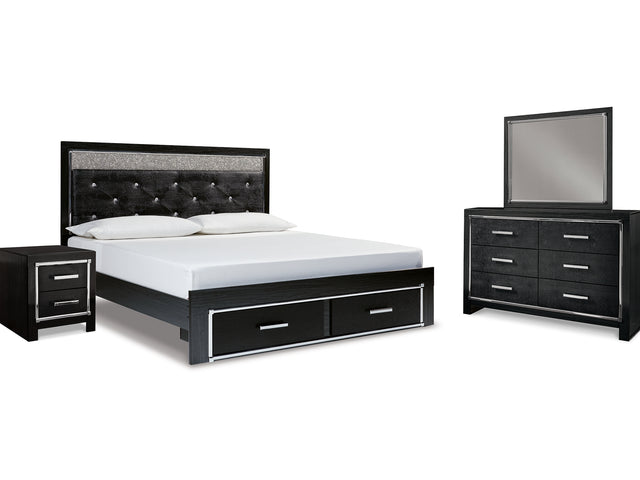Kaydell Black King Panel Storage Bed, Dresser, Mirror And Nightstand