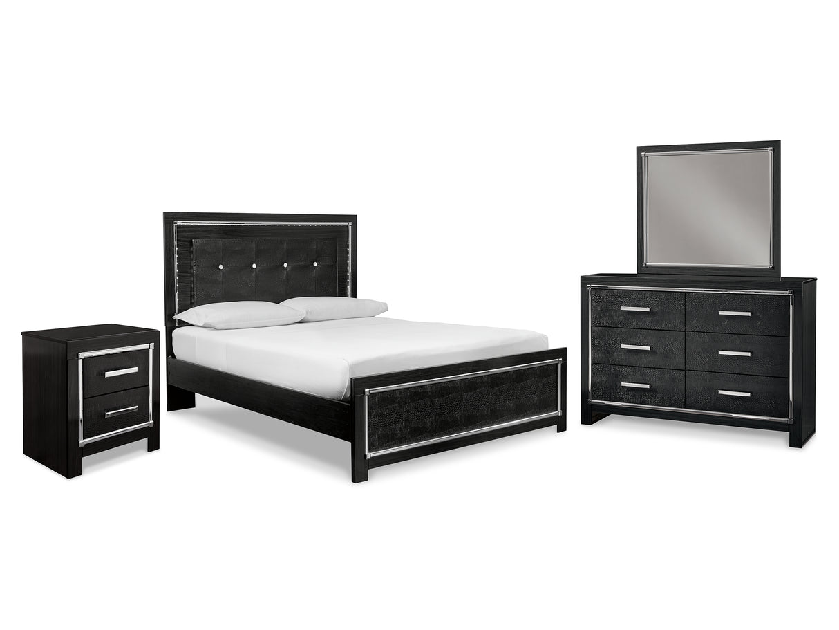Kaydell Black Queen Upholstered Panel Bed, Dresser, Mirror, And Nightstand