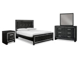 Kaydell Black Queen Upholstered Panel Bed, Dresser, Mirror, And Nightstand