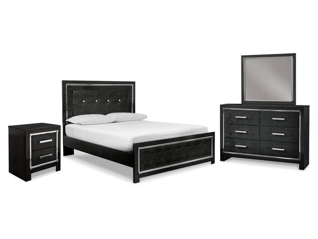Kaydell Black Queen Upholstered Panel Bed, Dresser, Mirror, And Nightstand