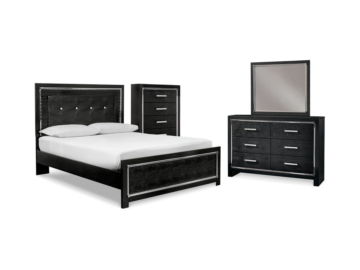 Kaydell Black Queen Upholstered Panel Bed, Dresser, Mirror And Chest