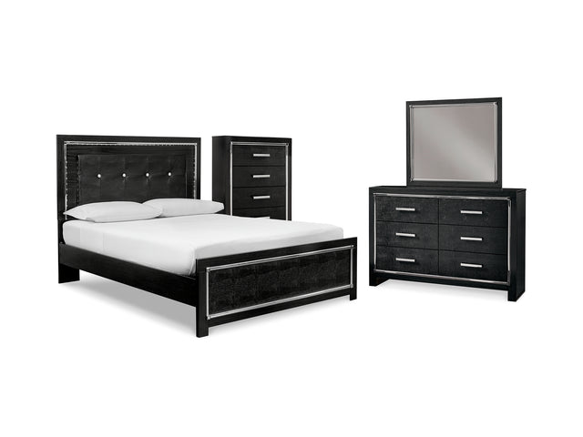Kaydell Black Queen Upholstered Panel Bed, Dresser, Mirror And Chest