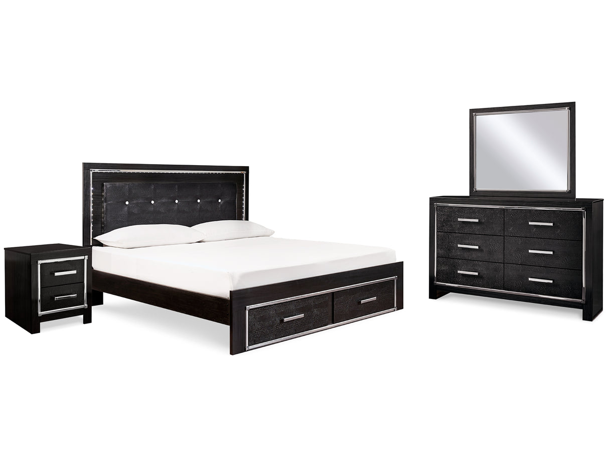 Kaydell Black King Panel Storage Bed, Dresser, Mirror And Nightstand