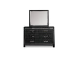 Kaydell Black Queen Upholstered Panel Bed, Dresser, Mirror, And Nightstand
