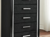Kaydell Black Queen Upholstered Panel Bed, Dresser, Mirror And Chest