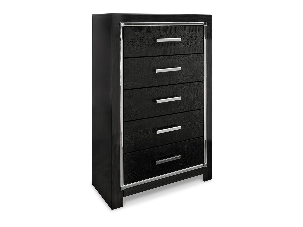 Kaydell Black Queen Upholstered Panel Bed, Dresser, Mirror And Chest