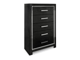 Kaydell Black Queen Upholstered Panel Bed, Dresser, Mirror And Chest