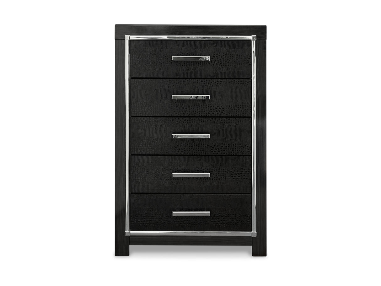 Kaydell Black Queen Upholstered Panel Bed, Dresser, Mirror And Chest